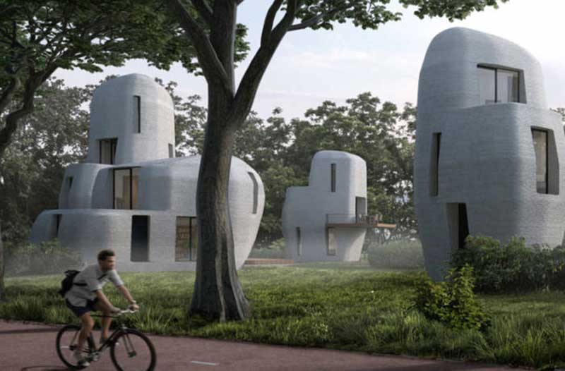 Futuristic round white homes in park