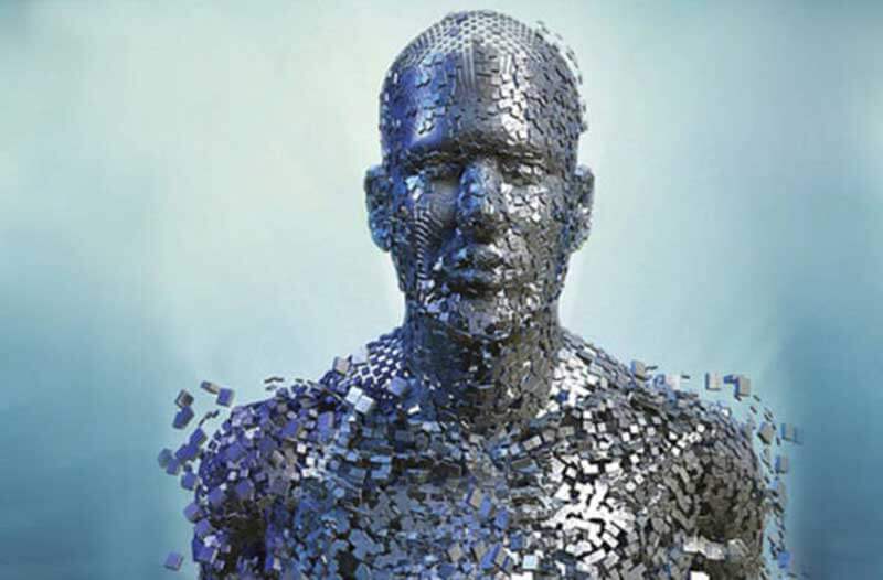 A puzzle-like portrait of a man with pieces resembling small digital devices falling off of him