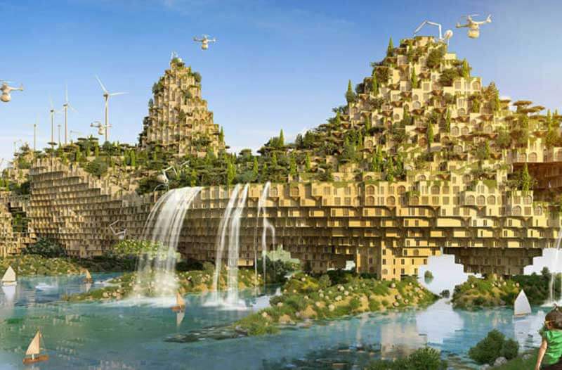 A futuristic city on water with lush greenery, waterfalls, wind turbines, and drones hovering around it