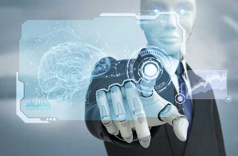 White robot in a suit pointing at a floating screen with an image of a human brain