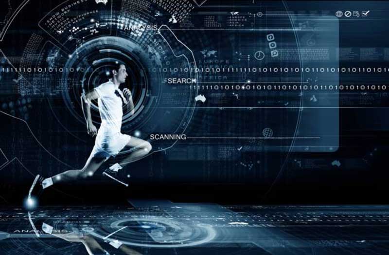 Image of a male athlete running overlaid with digital code lines