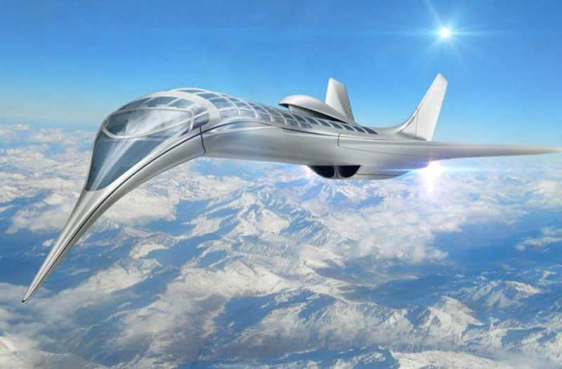 Futuristic airplane flying above the clouds