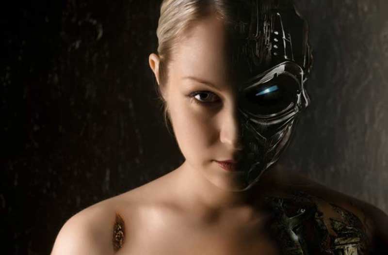A woman whose face is half human, half robot