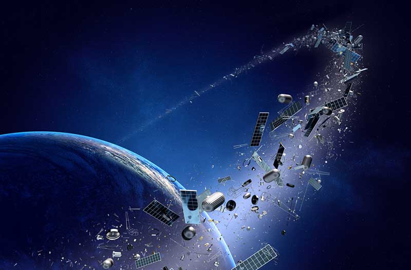 Digital illustration of space junk orbiting around a planet