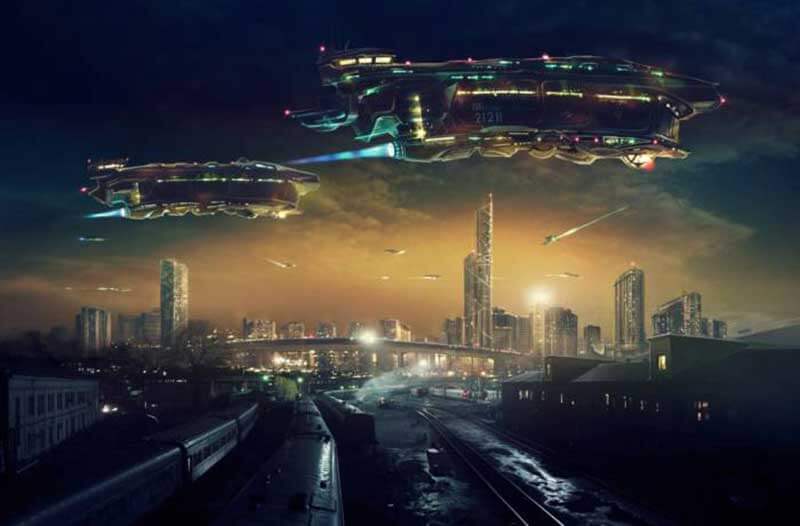 Futuristic aircraft flying over a city at night