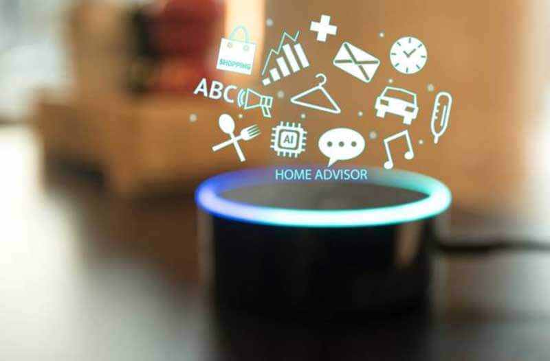 Virtual icons floating above an Amazon Echo device