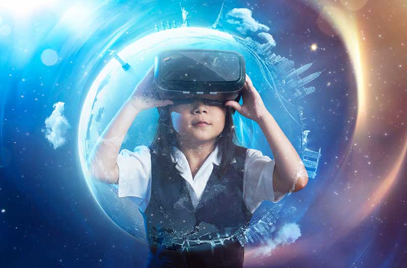 Child with VR headset against a virtual starry sky background