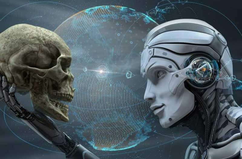 Humanoid robot holding a human skull with a digital Earth in the background