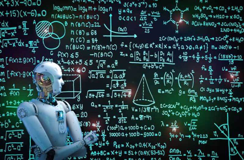 Humanoid robot looking at a background filled with formulas and equations