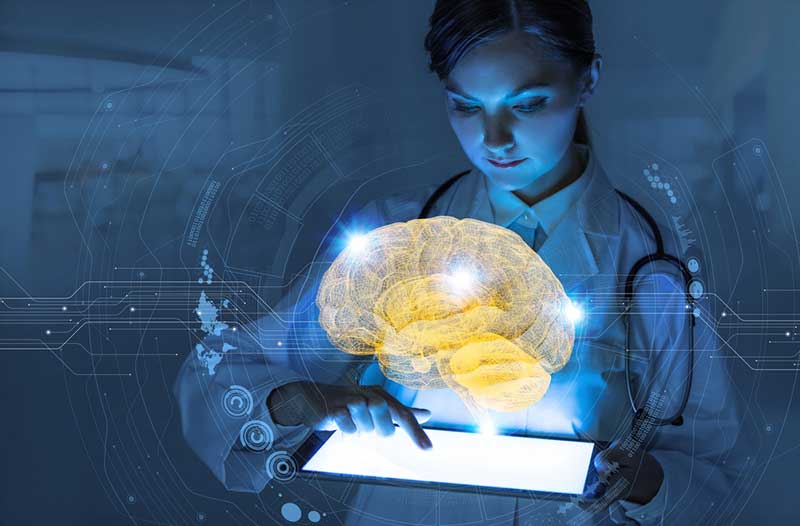 Medical professional holding a tablet with a digital image of a human brain floating overhead