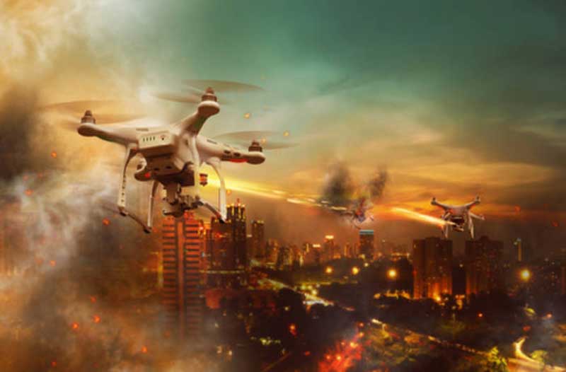 Laser-firing drones flying above a city on fire