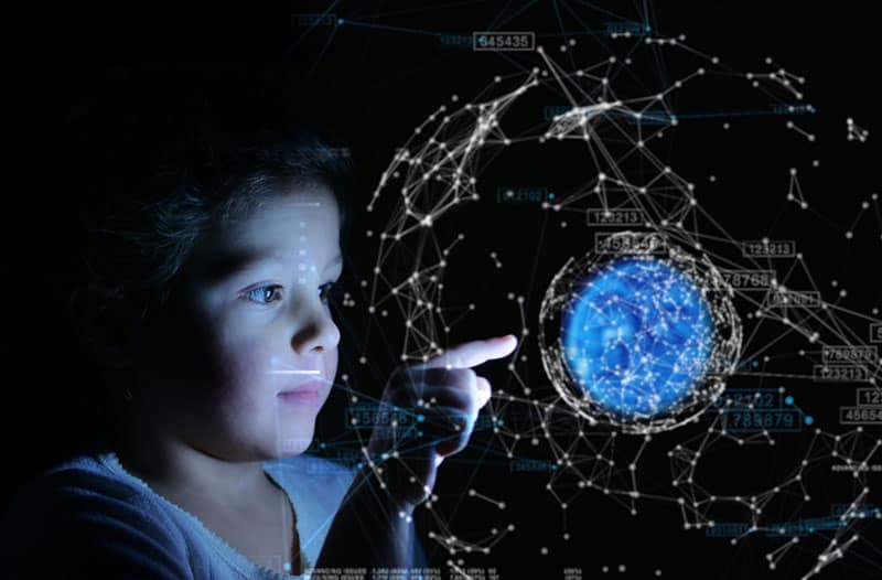 A child pointing at a glowing orb surrounded by numerous data points