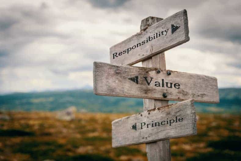 Wooden signpost with the words responsibility, value and principle