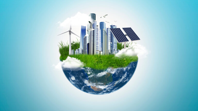 Future,Earth,Concept,,Clean,Earth,With,Green,Areas,,Windmill,,Solar
